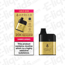 Gold Bar 20K Apollo AIO vape pod kit with Summer Berries flavor and nicotine warning on packaging.