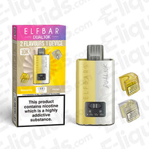 Elf Bar Dual 10K Disposable Vape Kit with banana ice and mango flavours, dual-tank system, and refill pods.