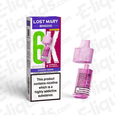 Lost Mary BM6000 Compliant Pod Summer Grape flavor with packaging showcasing nicotine warning, offering up to 6000 puffs.