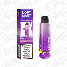 Summer Grape Lost Mary NERA15K Prefilled Pod with 15,000 puffs, shown with packaging and device. 50VG/50PG, 20mg strength.