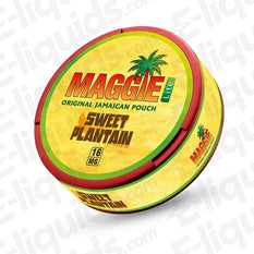 Sweet Plantain nicotine pouches by MAGGIE, featuring a tropical design and 16mg strength for a unique flavor experience.