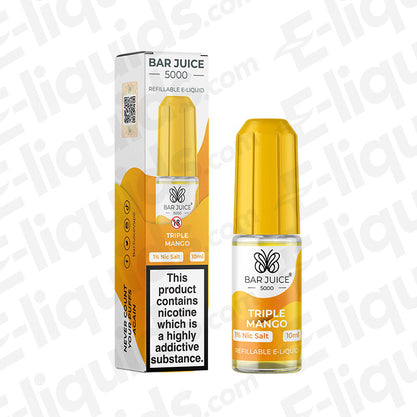 Triple Mango Nic Salt E-liquid by Bar Juice 5000 in a 10ml bottle, perfect for all-day vaping with rich mango flavor.