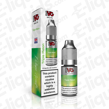 Triple Melon Nic Salt E-liquid by IVG Salts with box and bottle, featuring refreshing watermelon, honeydew, and cantaloupe flavors.