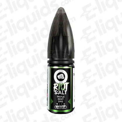 Riot Squad Triple Mint Hybrid Salt E-liquid 10ml bottle, featuring Spearmint, Peppermint, and Menthol flavors.
