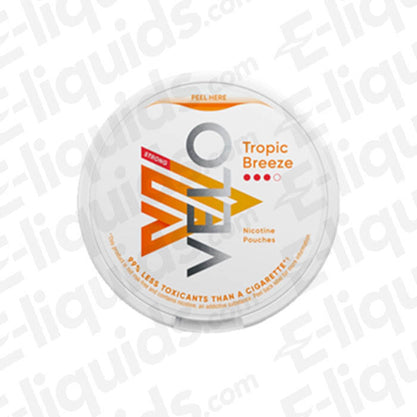 VELO Tropic Breeze nicotine pouches can featuring tropical fruit flavors and 10mg nicotine per pouch.