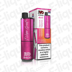 IVG 2400 4-in-1 Rechargeable Pod Kit Tropical Fruits 20mg, showing the pink device and packaging with nic salt e-liquids.