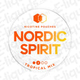 Nordic Spirit Tropical Mix nicotine pouches can featuring vibrant orange and yellow text with plant-based pouch details.