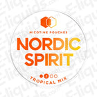 Nordic Spirit Tropical Mix nicotine pouches can featuring vibrant orange and yellow text with plant-based pouch details.