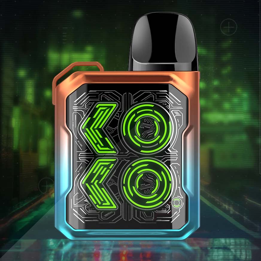 Futuristic green and black vape device with glowing LED design against digital background