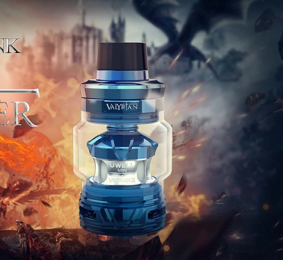 Vape tank against fiery and dark background, showcasing futuristic design with dragon and castle elements for UWELL Valyrian product.