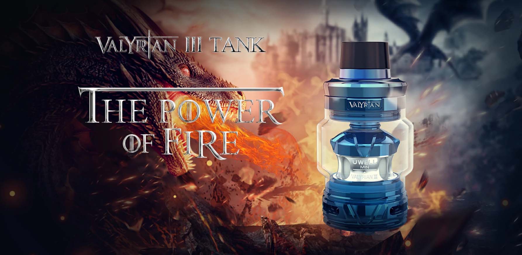 Valyrian III tank against a fiery dragon backdrop with text 'The Power of Fire' highlighting its dynamic design.