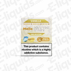 Vanilla MELTA Nicotine Strips packaging with 2mg nicotine, featuring 20 strips for smoke-free use.