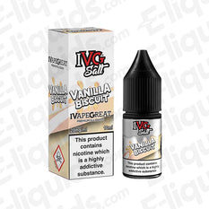 Vanilla Biscuit Nic Salt E-liquid by IVG, 10ml bottle, featuring a vanilla custard and biscuit flavor for pod or starter kits.