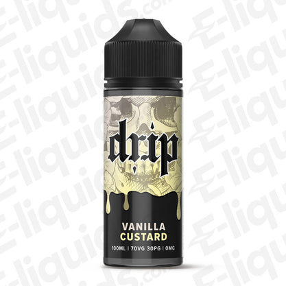 Vanilla Custard Shortfill E-liquid by Drip in a 100ml bottle, featuring a creamy vanilla flavor.