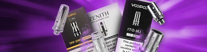 Vape coil packaging assortment on purple background, featuring Voopoo, TPP-DM1, ITO-M3, and Zenith examples.