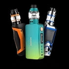 Three modern vape devices with colorful designs, featuring a blue, green, and orange color scheme on a black background.