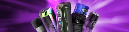 Colorful vape pens and devices with purple smoky background, showcasing various designs and digital display.