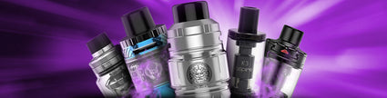 Assorted vape tanks with a purple background, highlighting diverse designs and styles.