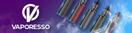 Colorful Vaporesso vape kits with brand logo on a smoky purple and blue background.