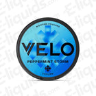 VELO Peppermint Storm nicotine pouches can, featuring 14mg minty coolness mini pouches with 20 portions per can