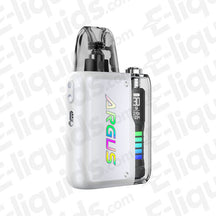 Voopoo Argus P2 Pod Kit in white, compact vape device with adjustable settings and colorful display.