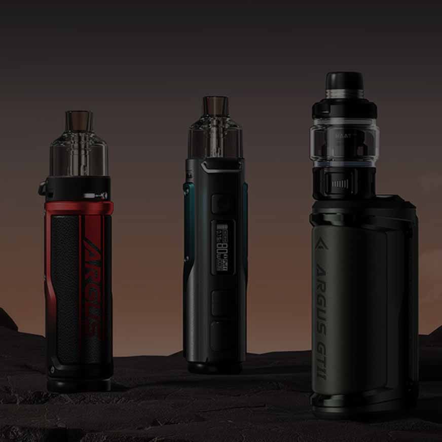 Three stylish vape devices with modern design and diverse colors on a dark background, highlighting Argus models for vaping enthusiasts.