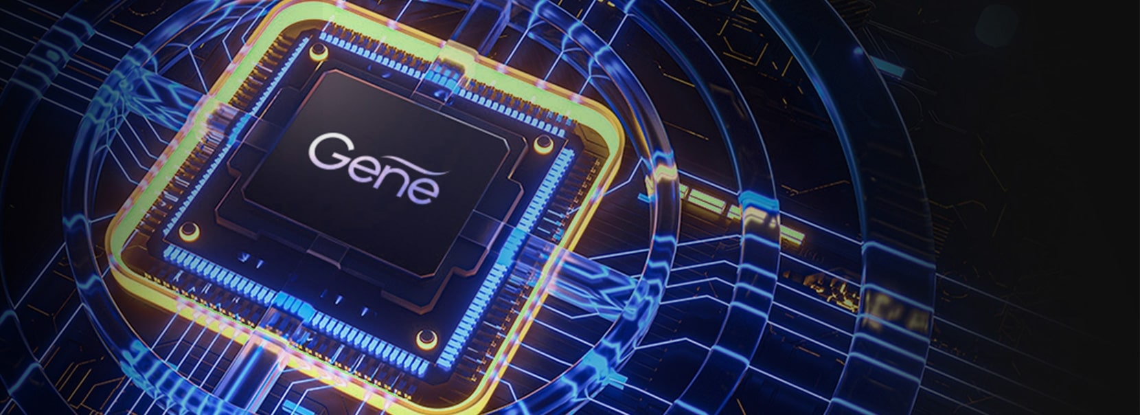 Futuristic circuit board showcasing Gene technology in blue and gold hues