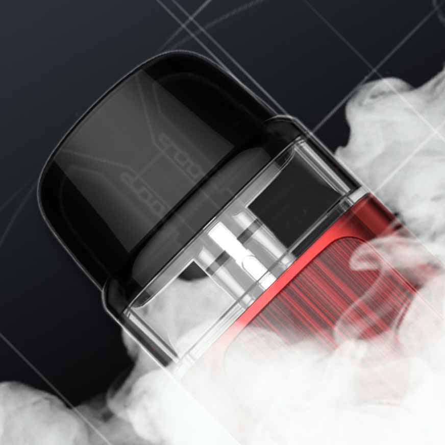 Close-up of a modern electronic vapor device emitting vapor clouds, showcasing sleek design and transparent tank.