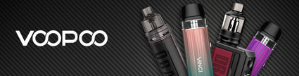 Selection of VOPOO vape devices on a sleek black carbon fiber background.