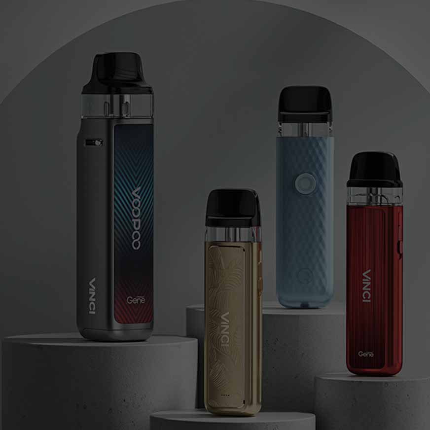 Four stylish vaping devices in different colors on a display stand, showcasing modern design and functionality.