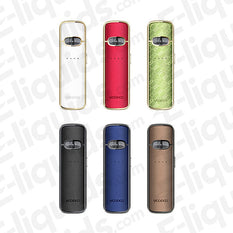 VOOPOO VMate E Vape Pod Kit in six colors including red, black, blue, white, green, and brown with faux leather finish.