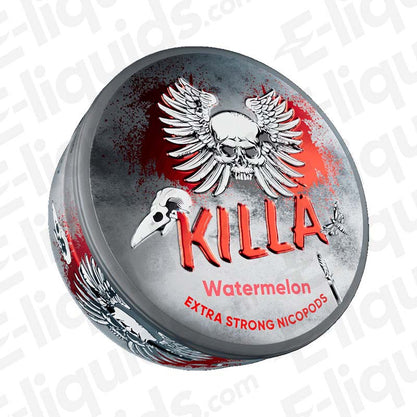 Watermelon Extra Strong Nicotine Snus Pouches by Killa with a bold design and vibrant branding, offering a fruity nicotine experience.