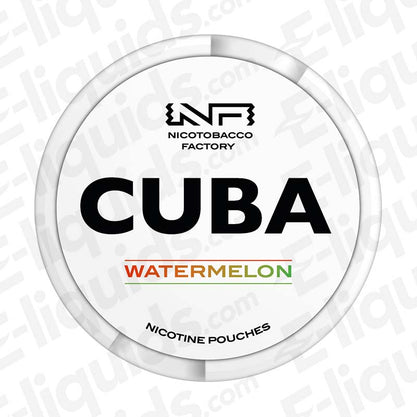 CUBA Watermelon Nicotine Pouches packaging featuring sweet watermelon flavor and nicotine details.