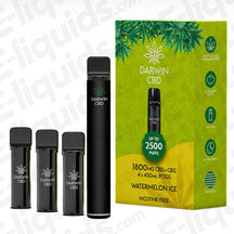 Darwin CBD+CBG 1800mg Watermelon Ice Prefilled Pod Kit with 4 x 450mg pods and a rechargeable 500mAh device.
