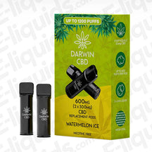 Darwin CBD 600mg Watermelon Ice (2 x 300mg) Prefilled Pod with frosty Watermelon flavour in green and yellow packaging.