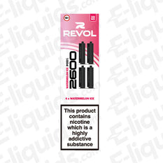 Watermelon Ice 4-in-1 Series Revol 2600 Prefilled Pods packaging, with nicotine warning label, showcasing 20mg nic salt content.