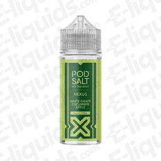 Pod Salt Nexus White Grape Cucumber Apple Shortfill E-liquid bottle, 100ml, tropical vape flavor.