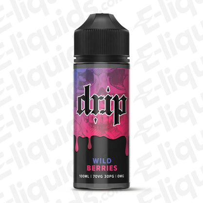 Wild Berries E-liquid by Drip in a 100ml bottle with vibrant design, offering a smooth wild berry flavor.