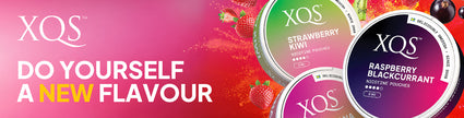 XQS nicotine pouches in strawberry kiwi and raspberry blackcurrant flavors with