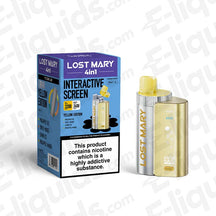 Lost Mary 4-in-1 Pod Kit in yellow, features interactive screen, 950mAh battery, and includes multiple flavor pods.
