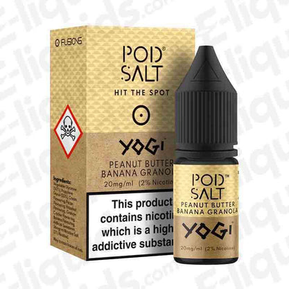 Pod Salt Yogi Peanut Butter Banana Granola Nic Salt E-liquid bottle and packaging, featuring a tasty breakfast blend.