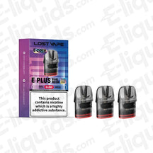 Lost Vape E Plus Dual Mesh 2ml 0.6Ohm Pod pack of 3 on display, featuring dual mesh technology with different resistances.