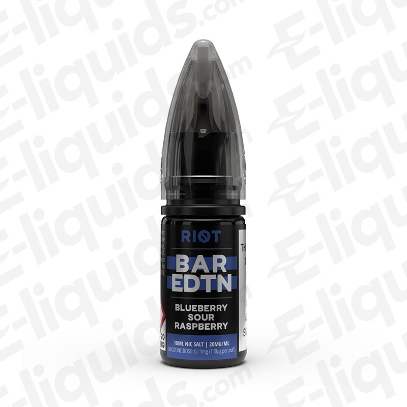 Blueberry Sour Raspberry Bar Edition Nic Salt E-liquid by Riot Squad in a 10ml bottle, featuring a sleek design.