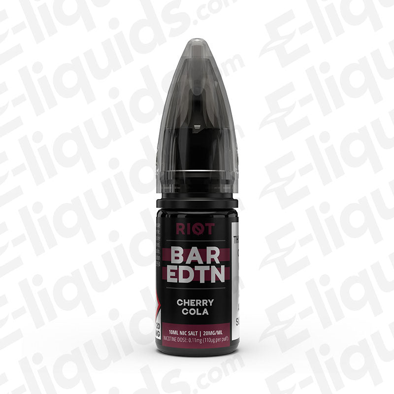 Cherry Cola Bar Edition Nic Salt E-liquid by Riot Squad in a sleek bottle for a nostalgic vape experience.