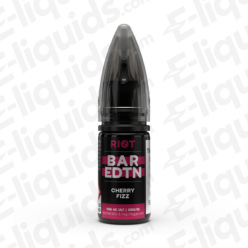 Cherry Fizz Bar Edition Nic Salt E-liquid by Riot Squad in a sleek bottle, showcasing sweet cherry and fizzy candy flavors.