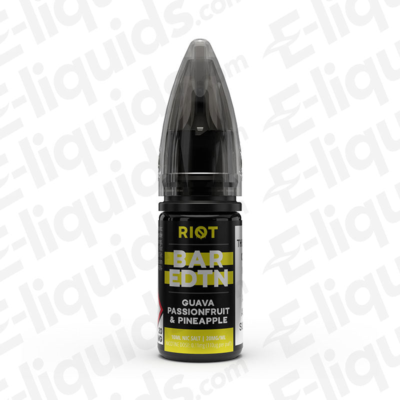 Guava Passionfruit Pineapple Nic Salt E-liquid by Riot Squad in a sleek black bottle with a pointed cap.