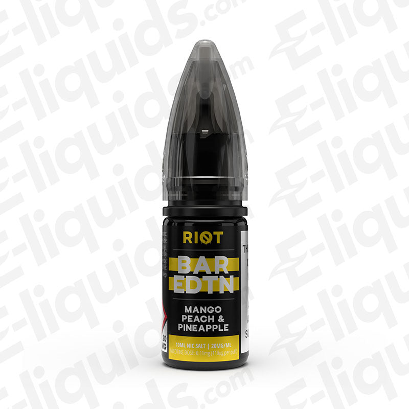 Mango Peach Pineapple Bar Edition Nic Salt E-liquid by Riot Squad in sleek black bottle design.