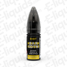 Mango Peach Pineapple Bar Edition Nic Salt E-liquid by Riot Squad in sleek black bottle design.