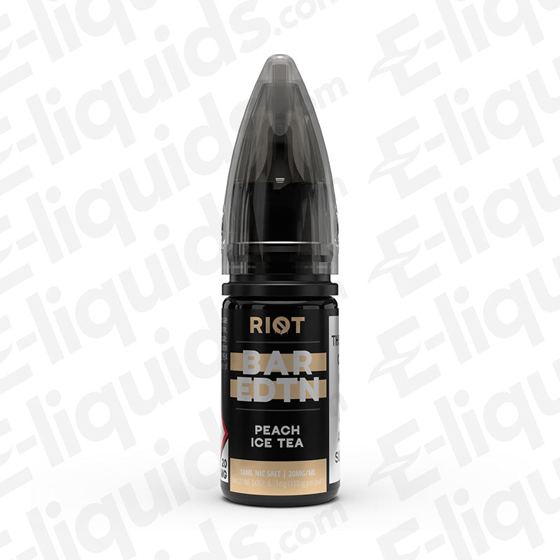 Peach Ice Tea Bar Edition Nic Salt E-liquid by Riot Squad in a 10ml bottle, featuring fresh peach and iced tea flavor.