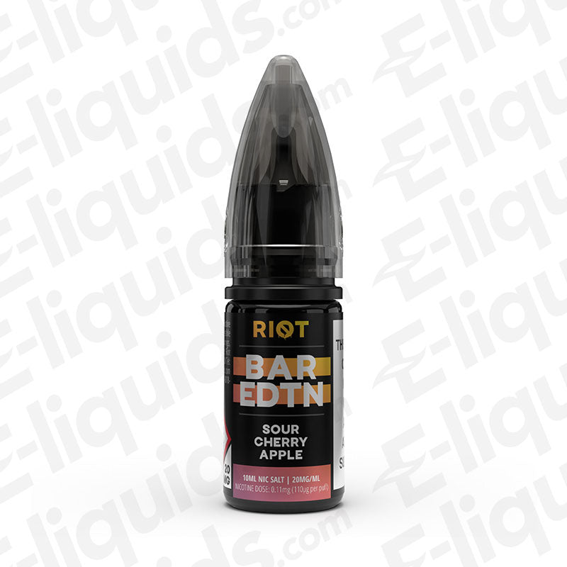 Riot Squad Sour Cherry Apple Bar Edition Nic Salt E-liquid bottle with black label and sleek design.